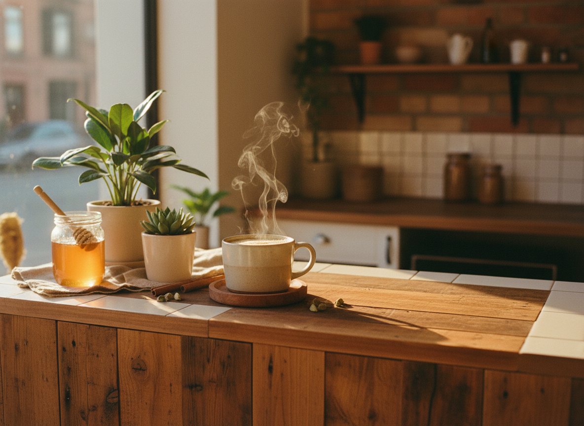 A warm, welcoming cafe counter with a friendly atmosphere.