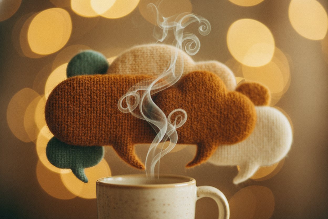 Warm amber chat-bubble and steam shapes representing a friendly chat widget.