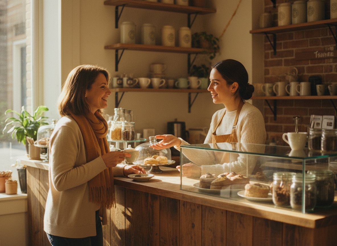 A friendly customer-service moment in a small business.