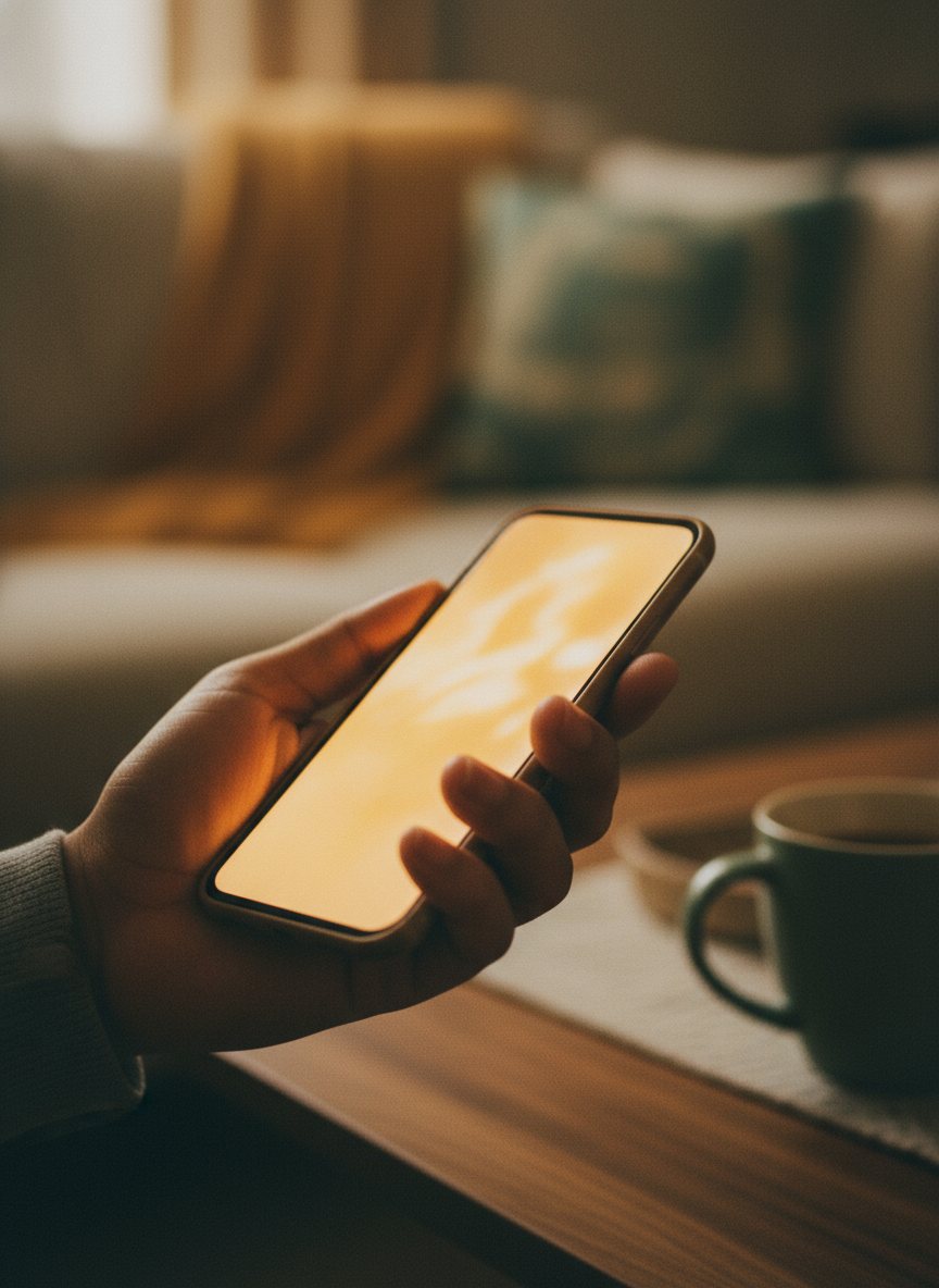 A hand holding a phone with a warm amber glow.