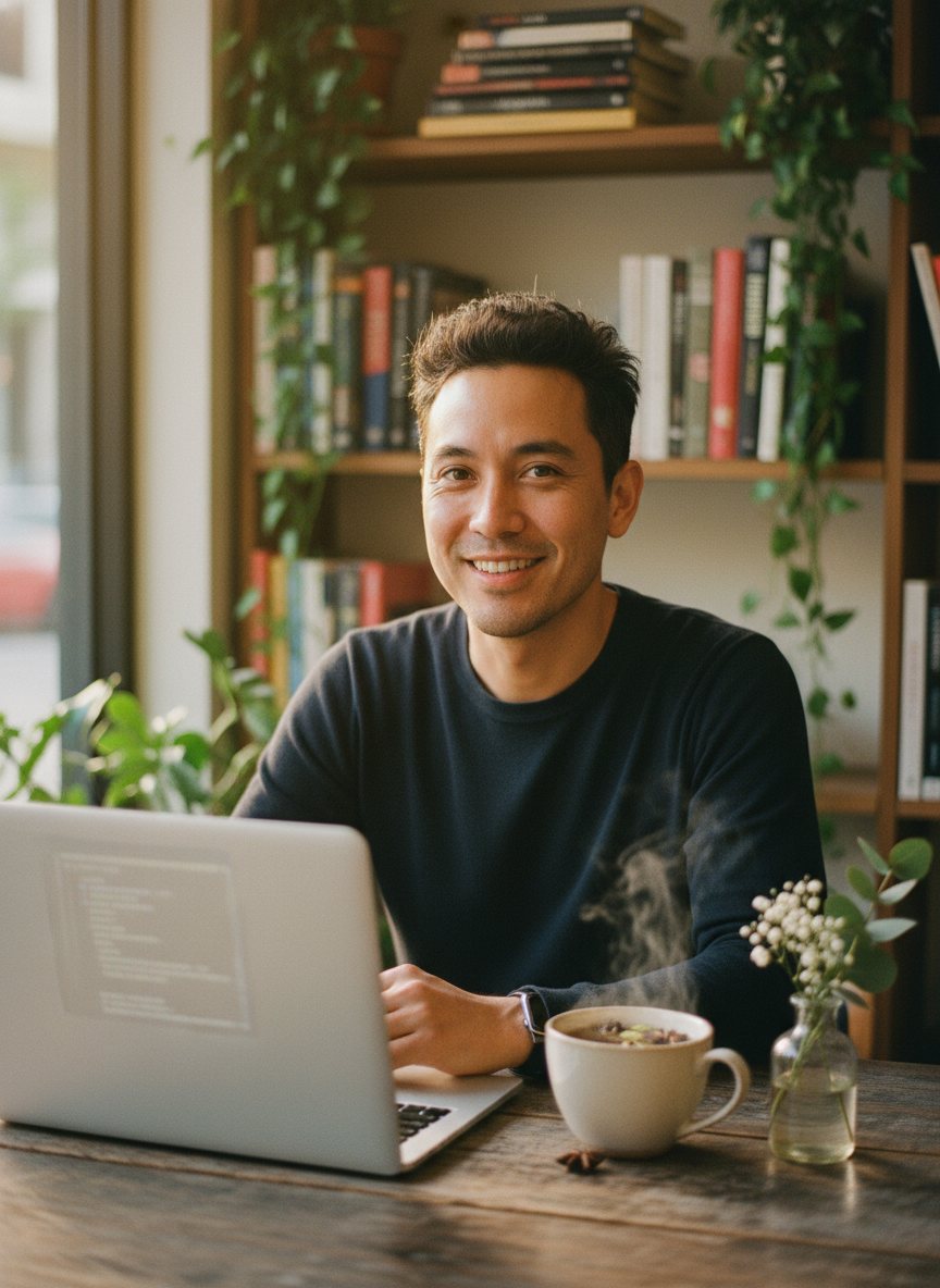 A small-business owner setting up Chaibot on a laptop with a warm smile.